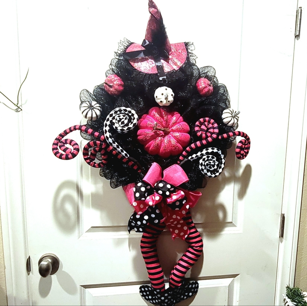 XL Halloween Pumpkin Witch Wreath Deco Mesh Bow - Picture 2 of 12